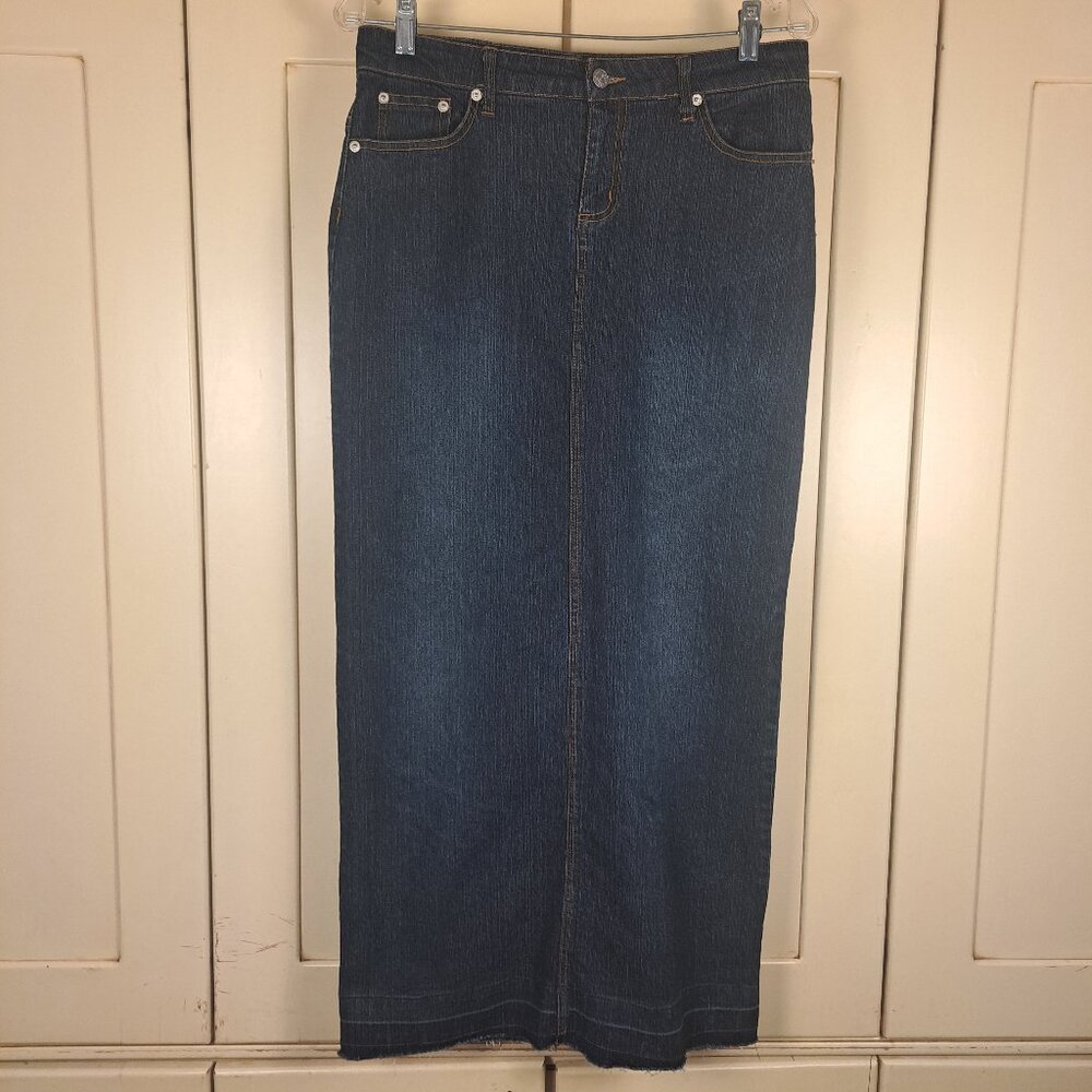 GODDESS Denim Maxi Skirt Back Slit Dark Wash Size US 9/10